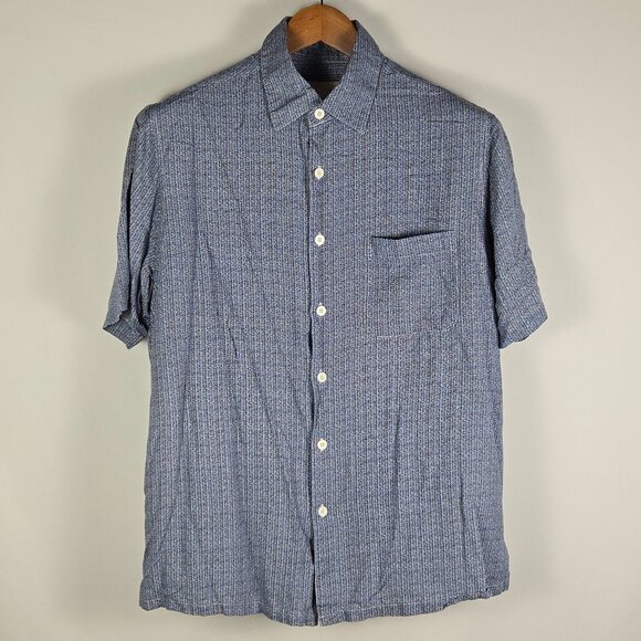 Y2K Vintage‎ Silk Blue Textured Shirt Mens M Short Sleeve Button Up Retro Resort - Picture 1 of 11